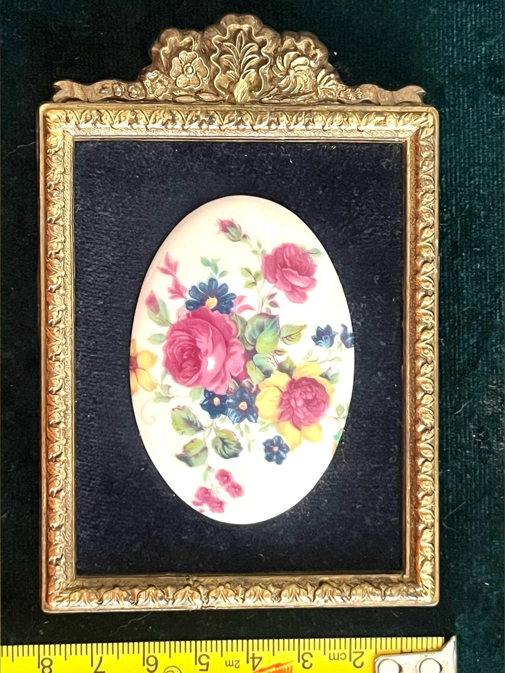 Vintage Floral Porcelain Plaque in Gold Gilt Frame Small